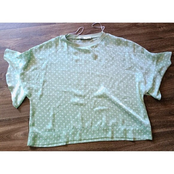 Zara Shirt Size XS Women's Mint Green White Polka Dot Oversized Flowy Blouse - Picture 1 of 6